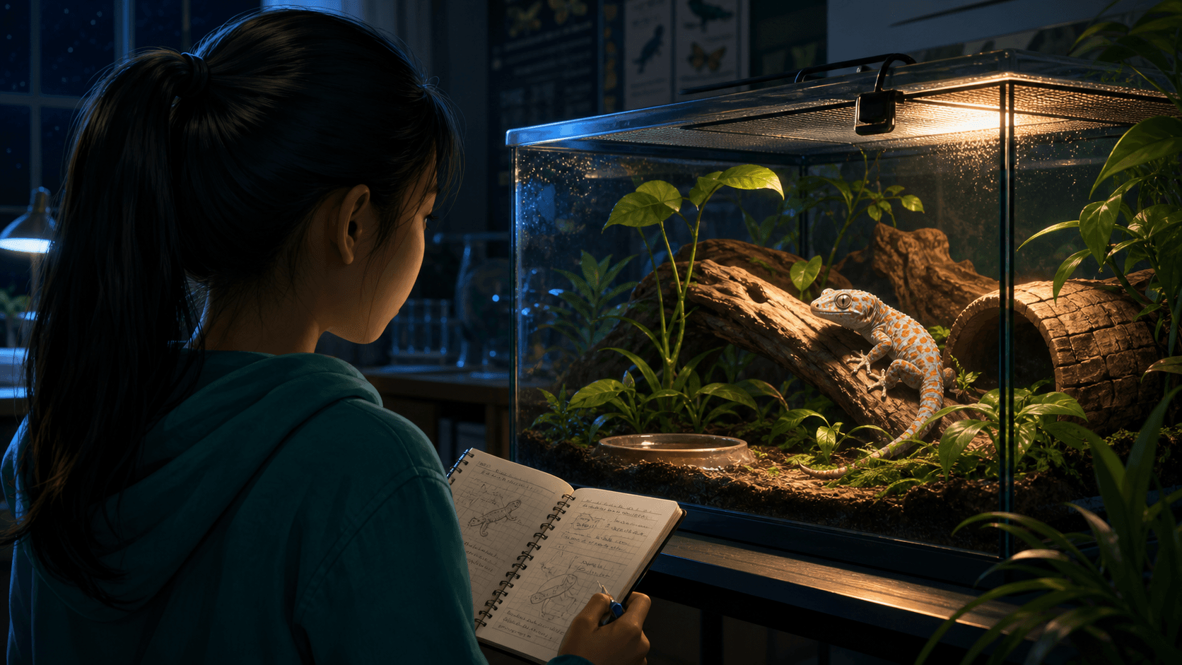 Sonmi investigates Fighter's terrarium at night